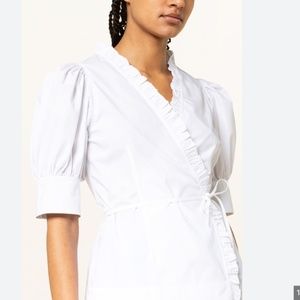 NWT Ganni Ruffle Trim Wrap Top in White Cotton Poplin Size 36/4